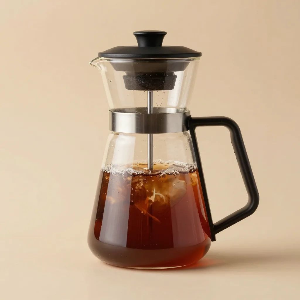 A glass cold-brew coffee maker on a light background