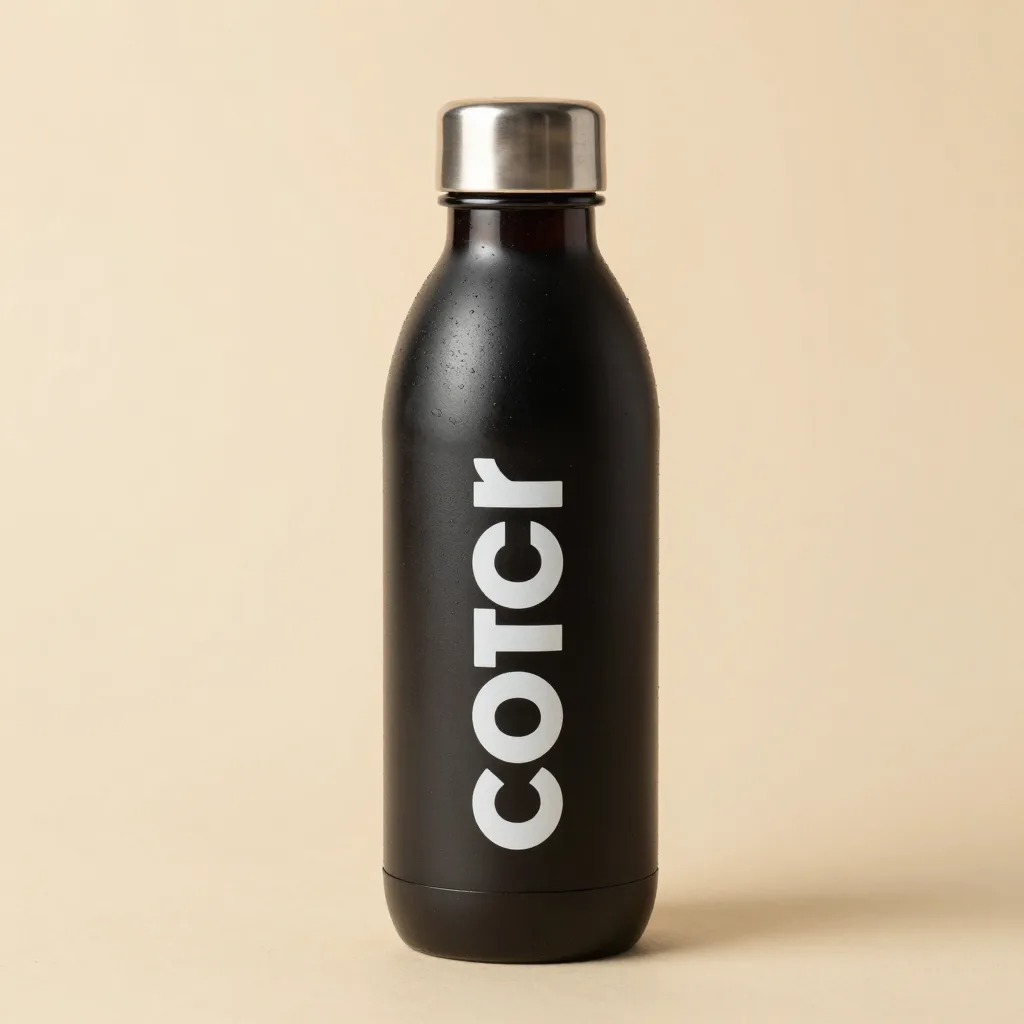 A travel cold-brew coffee bottle on a light background